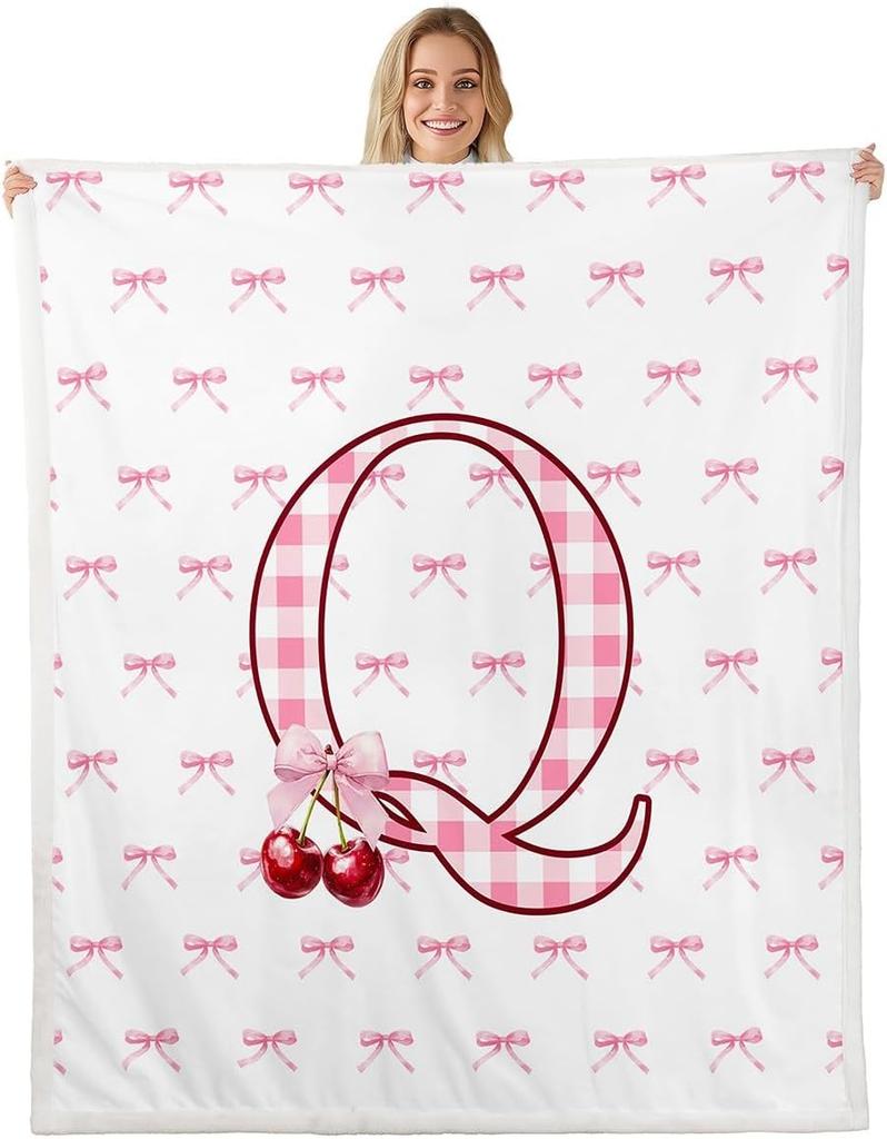 Erosebridal Initial P Letter Bowknot Fleece Blanket Throw Pink Bow Tie Cherry Sherpa Blanket Princess Coquette Decor Fuzzy