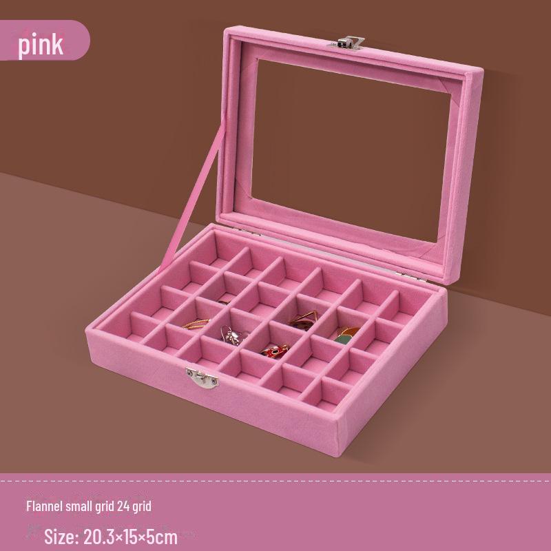 Pink Flocked Portable Jewelry Box with Lid - 316-Grit Dustproof Glass Ring & Earring Display