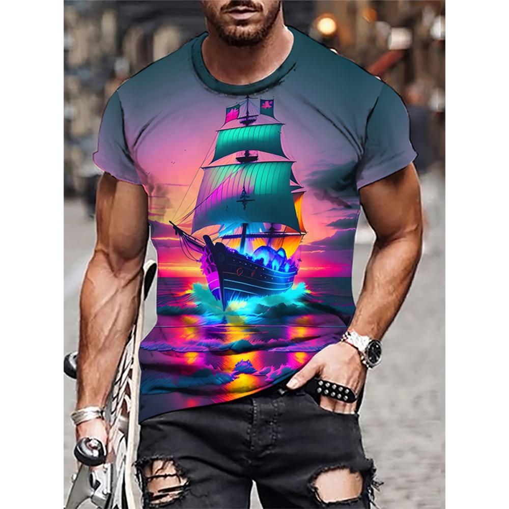 Sailing Ship Graphic T-Shirts Sailboat 3D Print Men Women T Shirt Short Sleeve Oversized Harajuku Y2k Tops Tees Kids Clothing