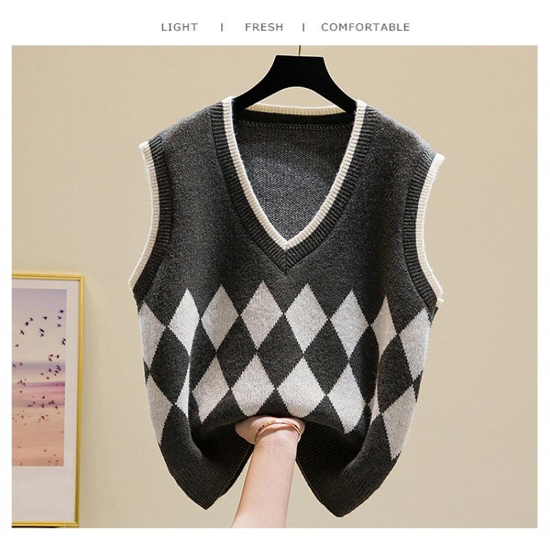 

Autumn Rhombus Knitted Vest Women s Short Stacked Sleeveless Top Women s Knitted Sweater one size fits all серый