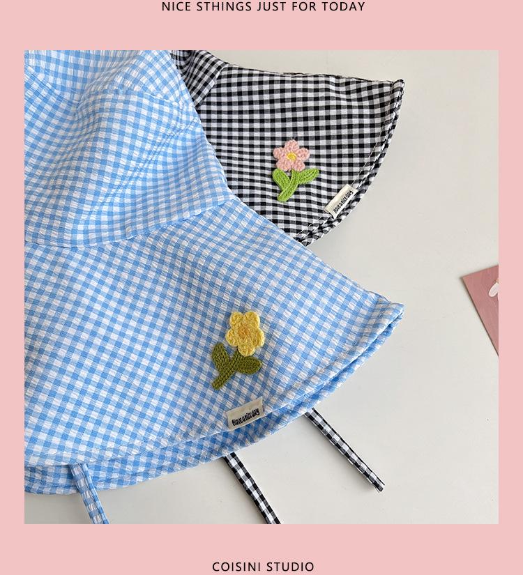 Women's Korean Checkered Wide Brim Fisherman Hat with Butterfly Tie for Summer Sun Protection