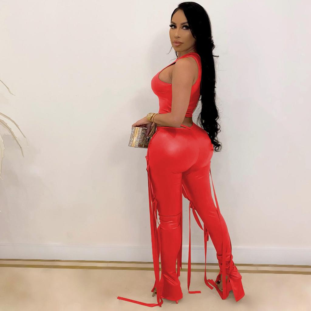 AL154 Women's Sexy Two-Piece Set: Strappy Tank Top & Faux Leather Pants for Nightclub Summer Wear.