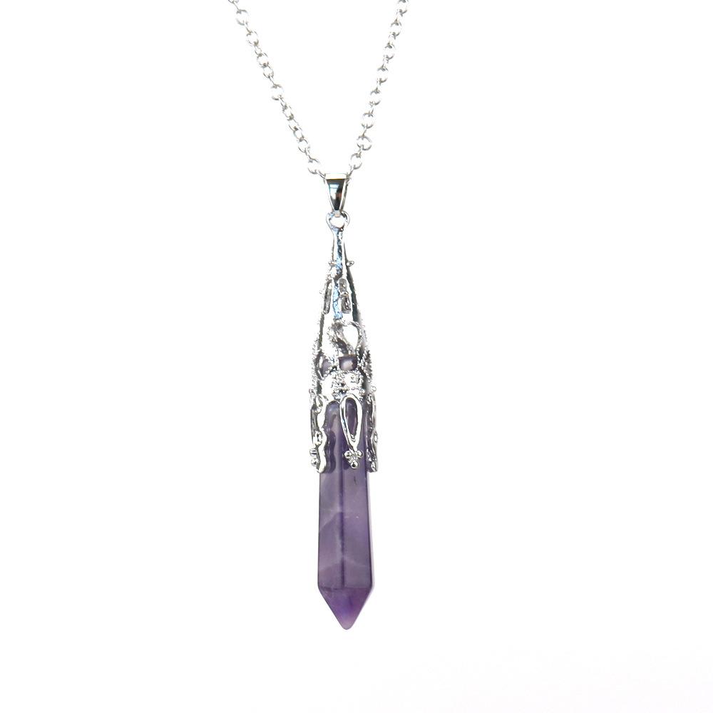 

Natural Stone Amethyst Single Pointed Hexagonal Prism Hexagonal Pyramid Pendulum Pendant Necklace N667