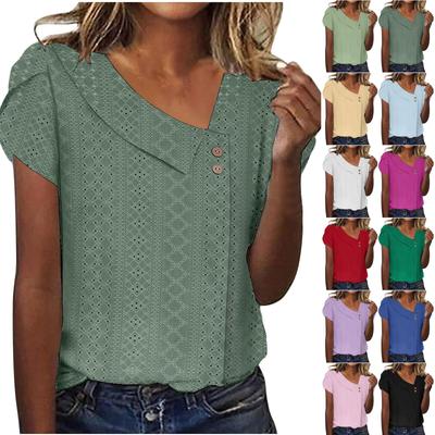Women's Top V-neck Button Solid Color Hollow Loose Short Sleeved T-shirt