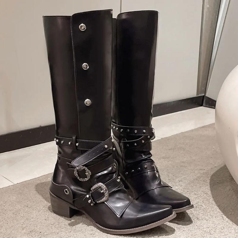 Fashion Wasteland Punk Style Gothic Black Vintage Motorcycles Boots for Women Pointy Toe Rivets Western Boot Shoes