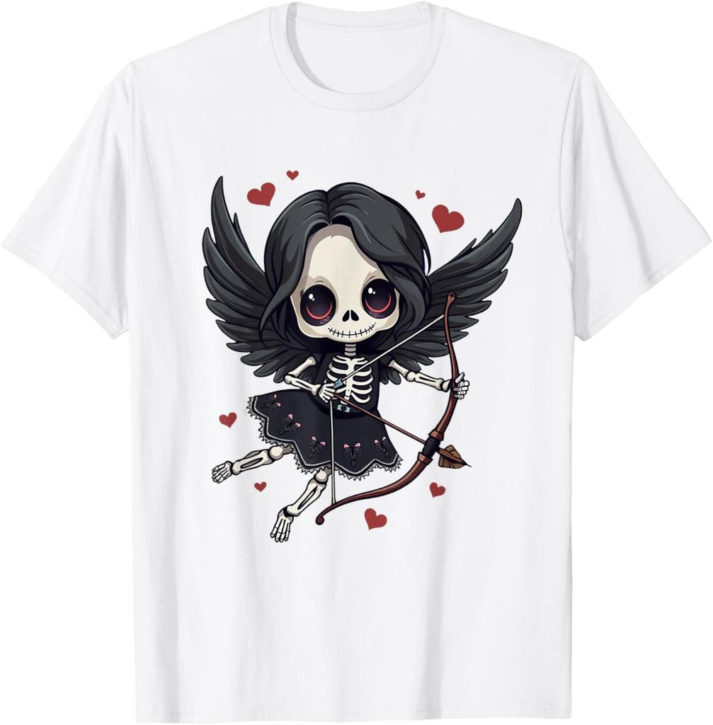 Gothic Skeleton Cupid Dark Valentine Kawaii Angel Graphic Tee Casual Cotton T-Shirt