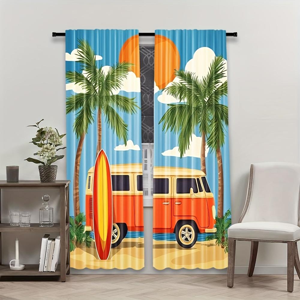 Set Of 2 Retro Beach Bus Print Polyester Curtains Vibrant Sunset Palm Tree Design Style Living Curtain Sheer Made With Rod Pocket