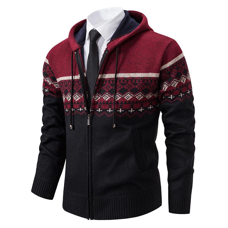 Men s Autumn & Winter Hooded Velvet Knit Sweater – Warm, Casual, Fashion Print XL
