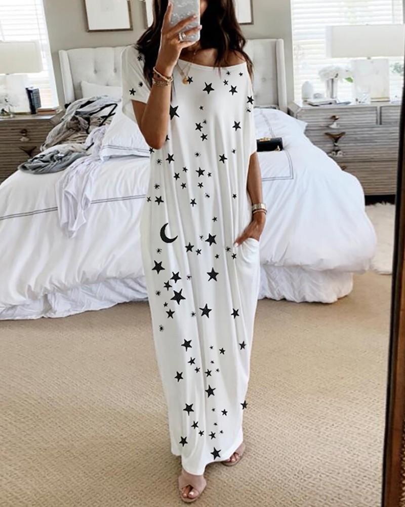 Women's Star Moon Print Short Sleeve Long Dress - European and American Style