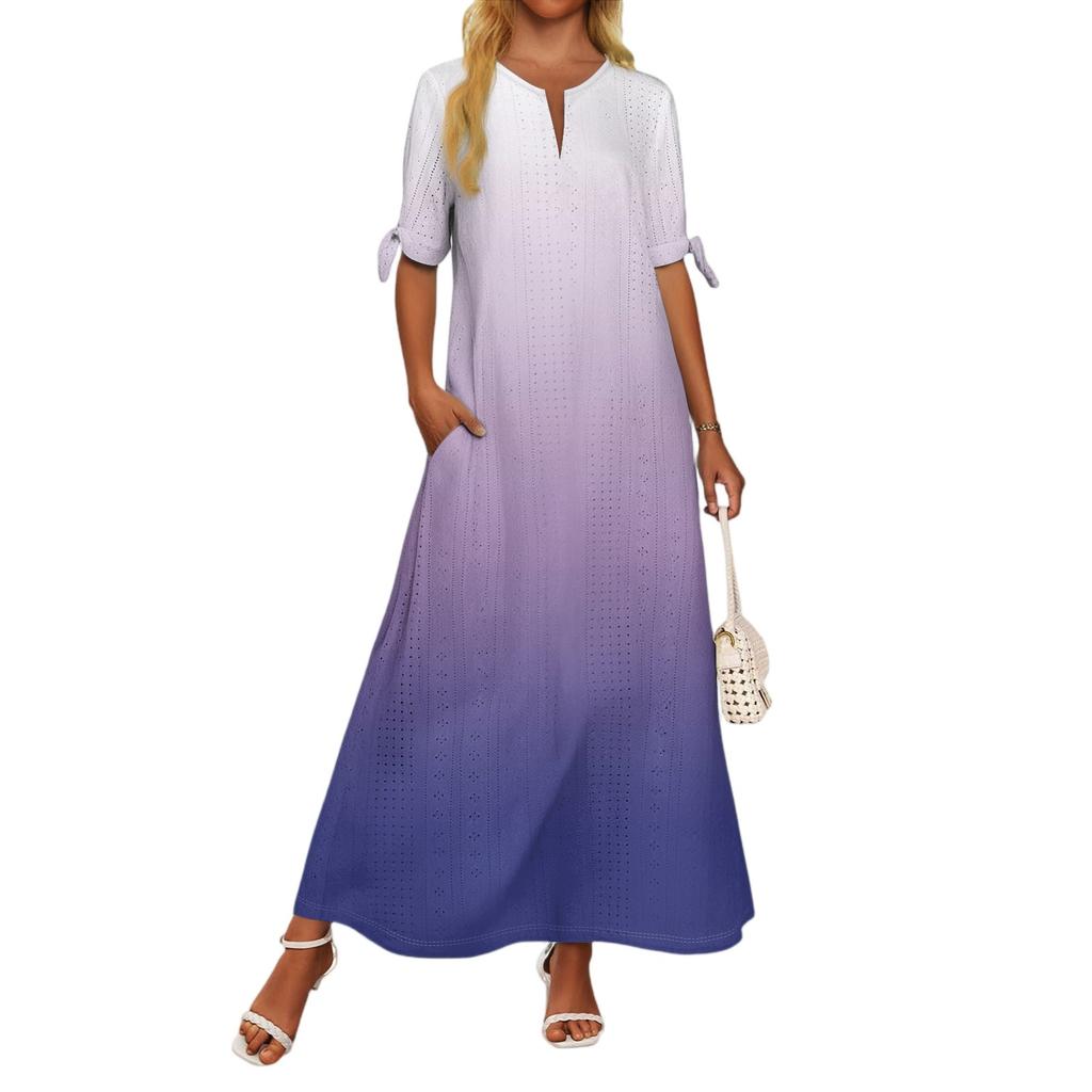 Ladies Casual Fashion Temperament Elegant Waist Gradient Color Print Long Dress