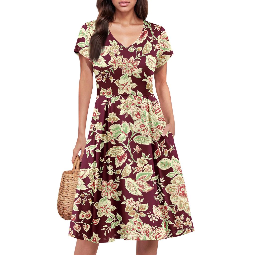 Womens Summer Dress Short Sleeve V Neck Short Dresses Fashion Casual Flowy A Line Swing Sundress With Pocket