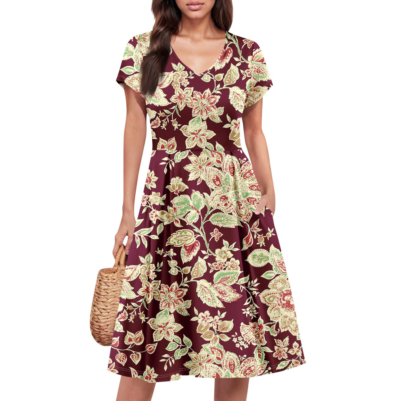 

Женское летнее платье с коротким рукавом, V-образным вырезом, короткое, модное, повседневное, летящее, А-силуэта, платье-сарафан с карманом XL винный