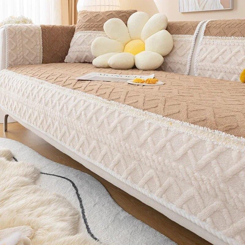 Nordic Color Matching New Sofa Cushion Winter Thick Plush Seat Cushion Modern Minimalist Anti Slip Sofa Cover