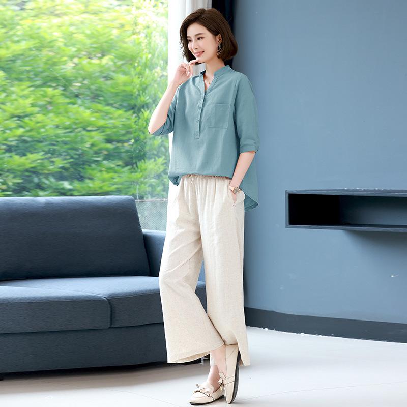 Trendy 2023 Cotton-Linen Two-Piece Set: Short-Sleeved Shirt & Summer Suit for Middle-Aged Moms