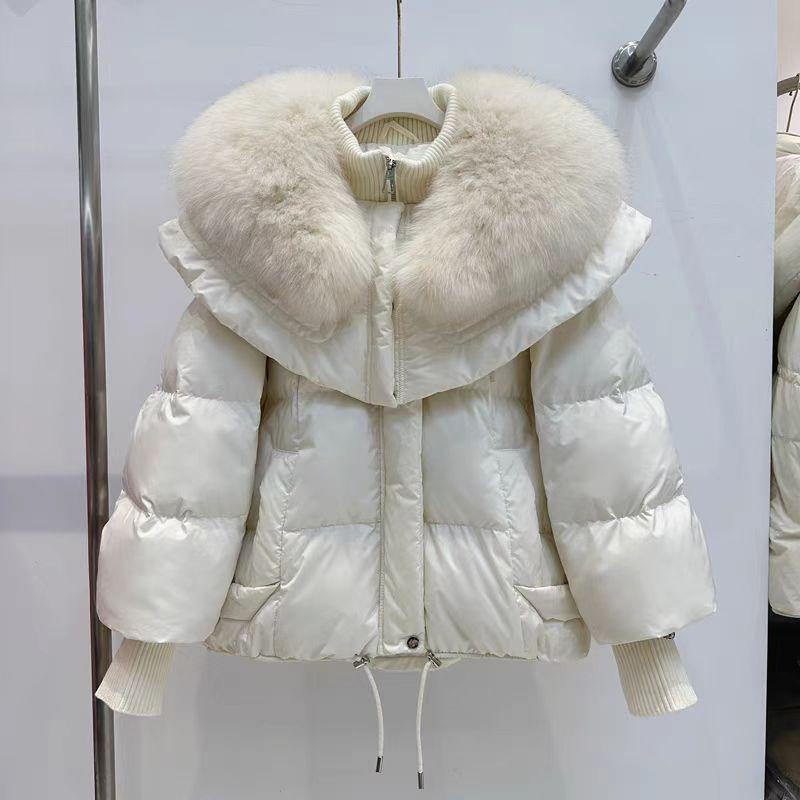Womens Short Puffer Coat With Faux Fur Collar Loose Fit Thick Duck Down Winter Jacket Cold Weather