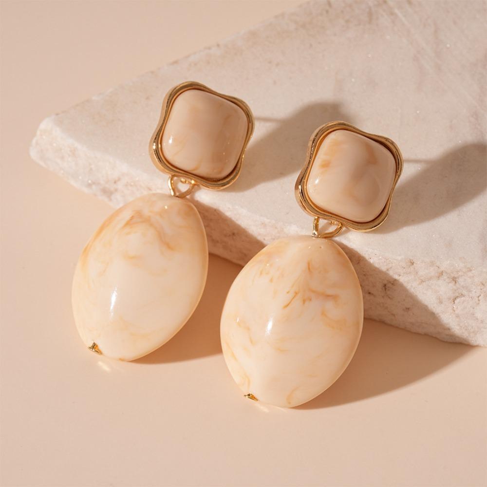 Retro Amber Tone Resin Marble Pattern Drop Earrings Double Layer Geometric Oval Dangle Earrings for Women Statement Jewelry Gift