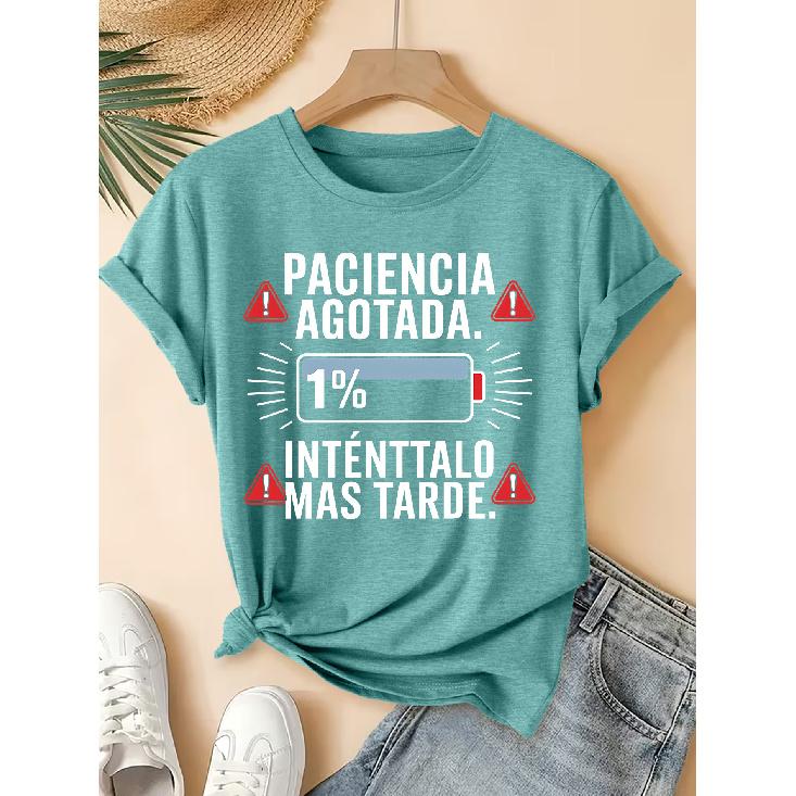 "Power" Spanish slogan printed pattern short-sleeve vintage distressed round neck T Fresh and natural style loose-fitting shirt 2026 Elegant spring