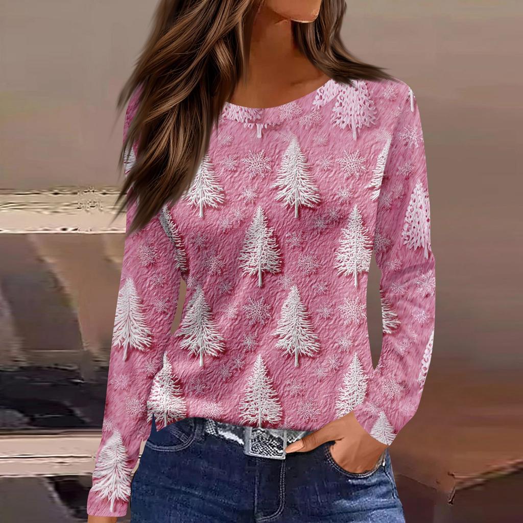 Christmas Style Women's 3D Christmas Tree Print Pullover Round Neck Long-sleeved T-shirt Festive Color Casual Top