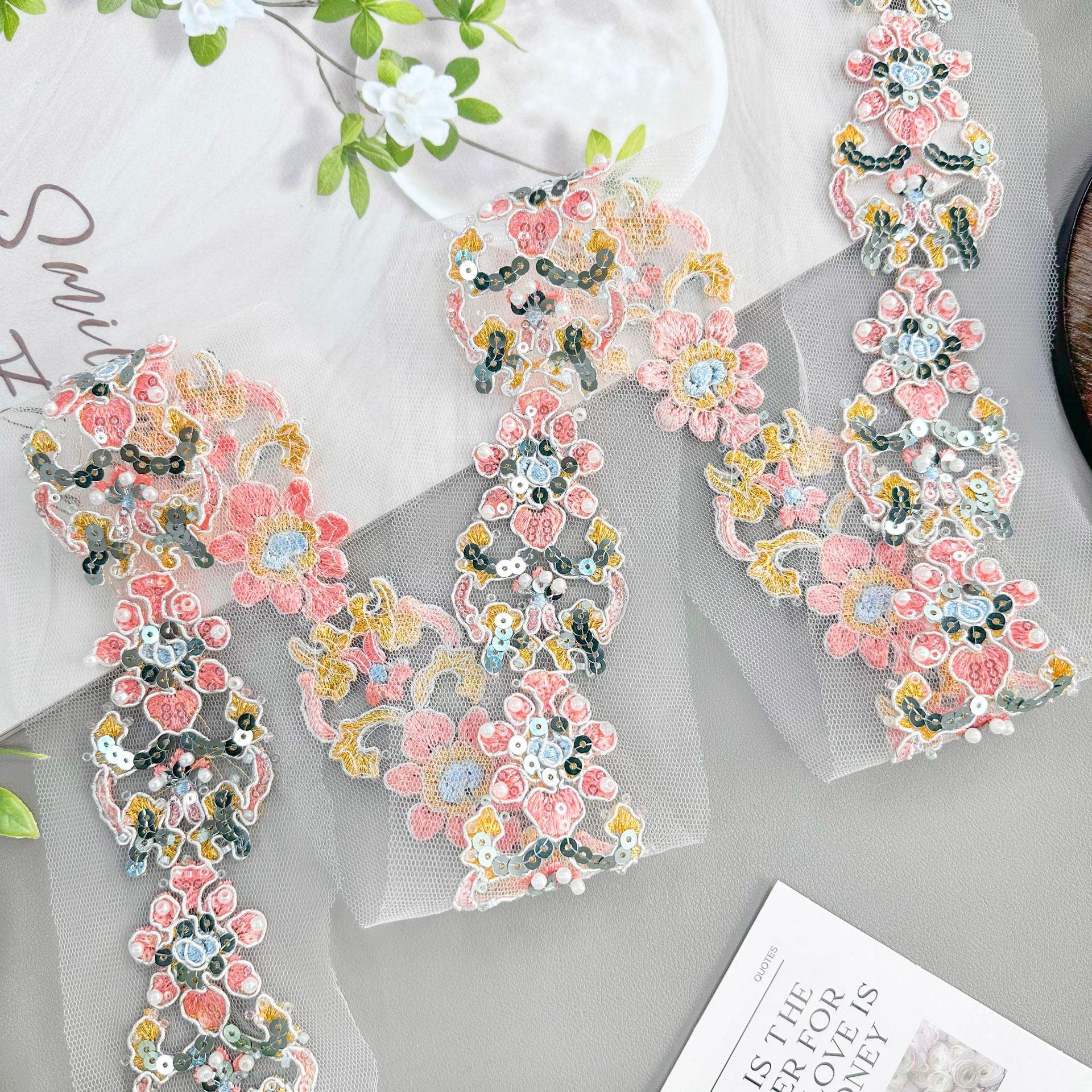 

Pink Embroidery Mesh Hollow Beads Barcode Clothing Lolita Skirt Bag Decorative Sequins Lace Accessories T3204 one code