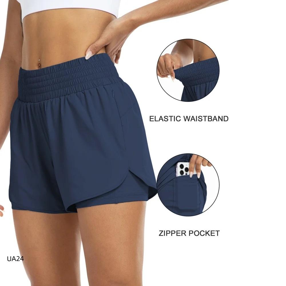 Women's High-Waisted 2-in-1 Quick-Dry Shorts with Zipper Pocket Elastic Waist for Workout Running Gym Yoga Fitness Sportswear