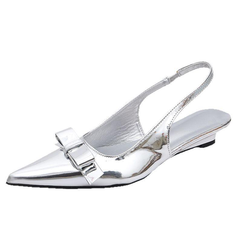 Silver Pointed Bow Wedge Heel Single Shoes Women's Summer 2025 New Cool Slippers Korean Version of Empty Fashion Sandals