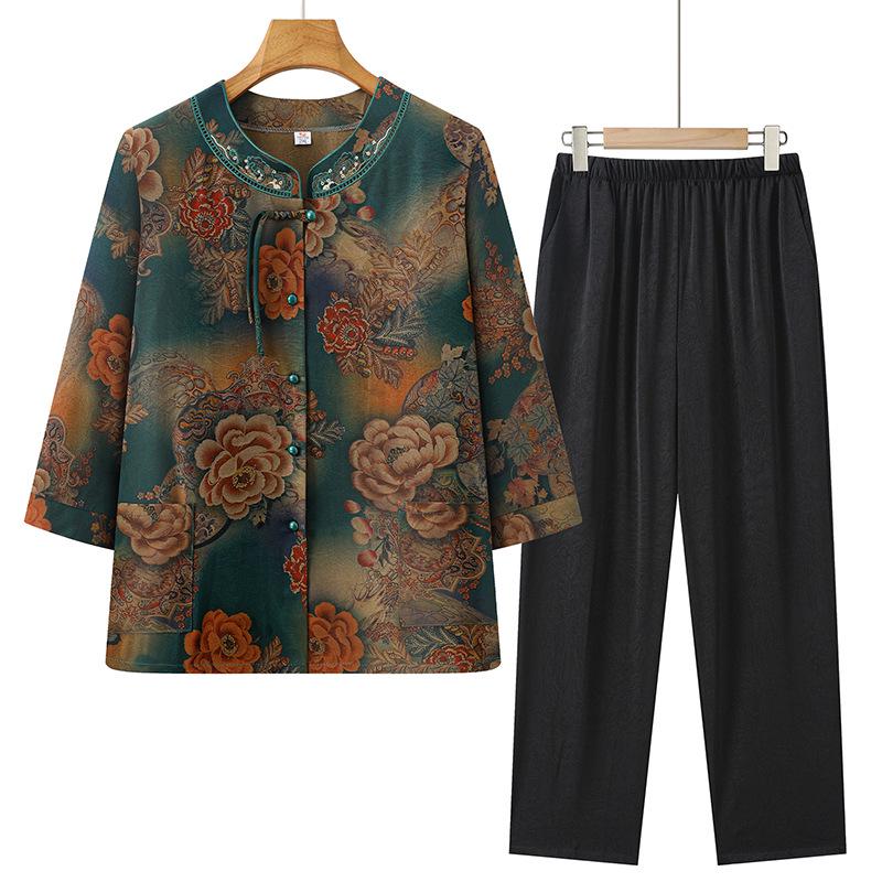 

Summer Chinese Style Grandma Cardigan Set: Women s Round Neck Top for Middle-Aged and Elderly Moms 2XL (100-115 jin)
