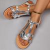 Fashion Women's Silver Snake Pattern Flat Sandals Ankle Strap Comfort Non Slip Beach Shoes Woman Summer Plus Size Light Casual Shoes
