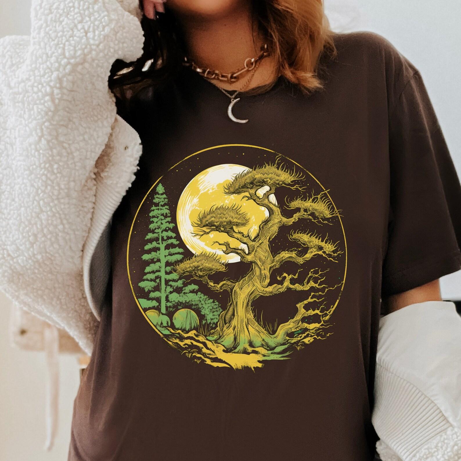 Mystical Tree Shirt | Enchanted Moon Graphic Tee with Witchy Nature Forest Design L