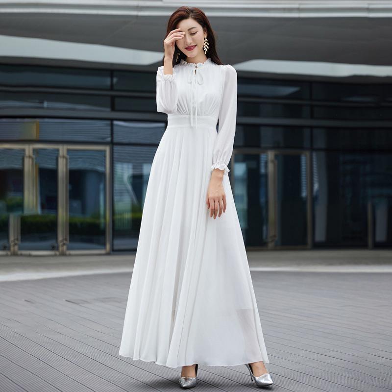 White Flowing Chiffon Beach Dress with Large Hem Skirt - Summer Long Style for Women
