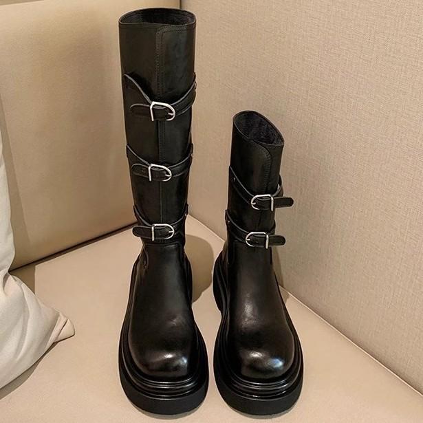 New spot [two versions] Grape mother autumn and winter new fashionable belt buckle round head thick sole versatile short boots