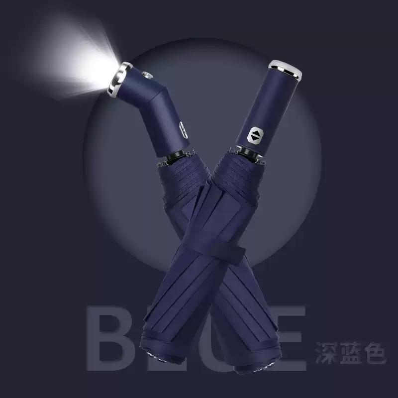 Guarda-chuva LED Rotativo de Lanterna Dupla Uso Sol Chuva com Estrutura de 10 Varetas Automático Proteção UV Compacto para Viagem Sombra