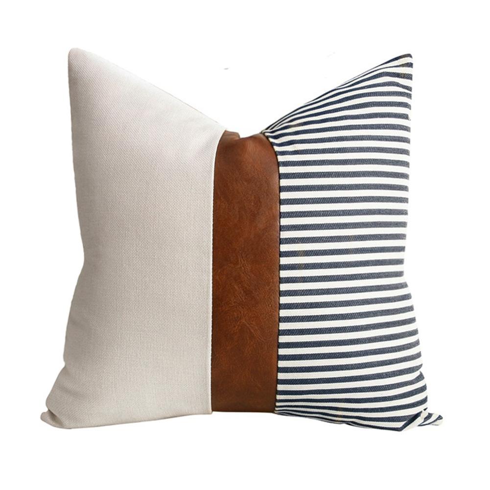 

Pu linen Linen Stitching Pillowcase Sofa Waist Cushion Pillow Cover Stripe Simple Cushion Case Living Room Decoration 45x45cm Navy blue45X45cm (without pillow core)
