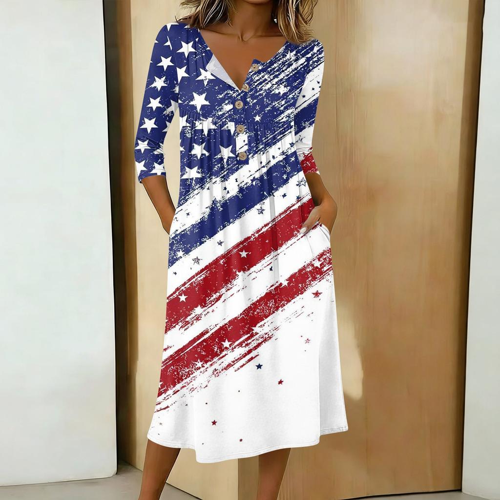 Women's Casual 3/4 Sleeve Button Front Midi Dress with Independence Day Print and Relaxed Fit for Everyday Wear