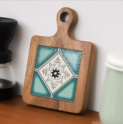 Portal Co., Ltd. Plat à plat en bois Automne 2022, Manique, Porte-bouteille, Porte-bouilloire, Carreau, Bois, Isolant, Style Vintage, Nordique Bohème (Bleu)