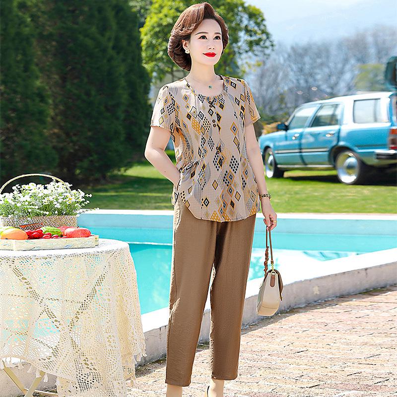 Mom's Summer Chic Two-Piece: Stylish Short-Sleeved T-shirt & Top for Elderly Women