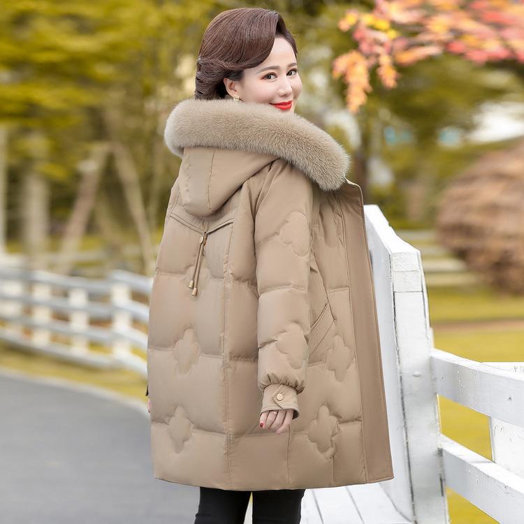 New Down Jacket Mother Women's Clothing for Middle-aged and Elderly Winter Medium-length Thickened Fox Fur Collar White Duck Down Jacket
