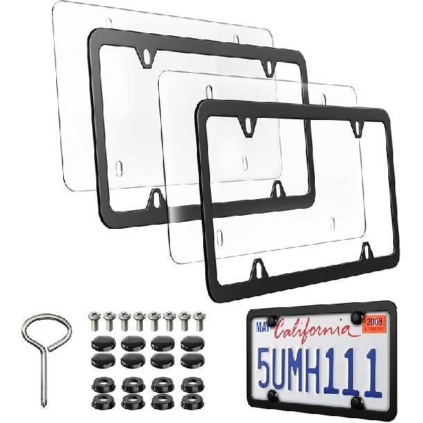 License Plate Frames Covers Combo - 2 Pack Clear Flat Car Tag Protectors Unbreakable and Aluminum Standard US License Plate Holder with Screws,Chrome