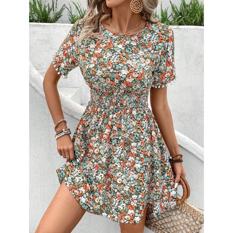 

Small European and American Summer New round Neck Small Floral Waist Hugging Slimming Cuff Tassel Short sleeve Dress Short dress Women Green M