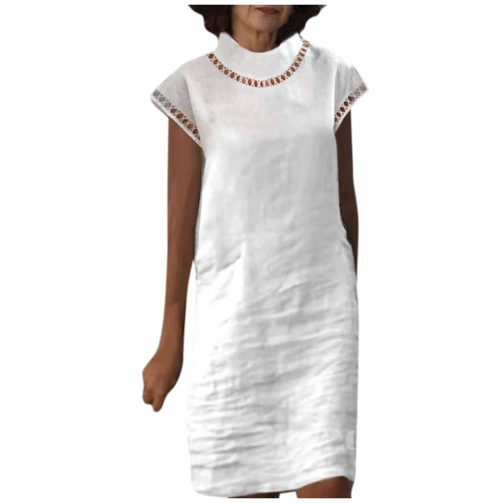 

(SU)Женское летнее платье с короткими рукавами и высоким воротом, однотонное платье с вырезом