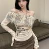 2KWEIRD Fur Collar One-shoulder Long-sleeved Women Slim-fit Printed Pattern Off-shoulder Short Top Trendy Hot Girl Winter T-shirt Women