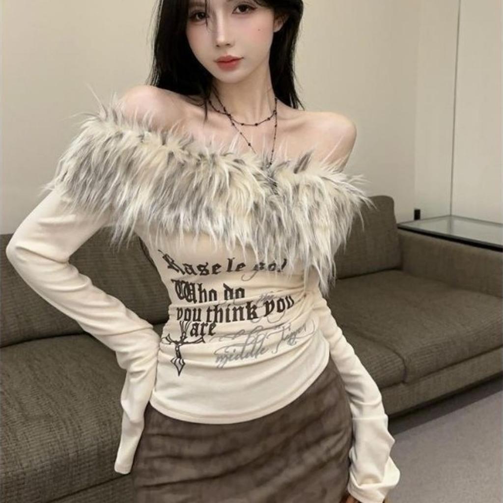 VAYLA Fur Collar One-shoulder Long-sleeved Women Slim-fit Printed Pattern Off-shoulder Short Top Trendy Hot Girl Winter T-shirt Women