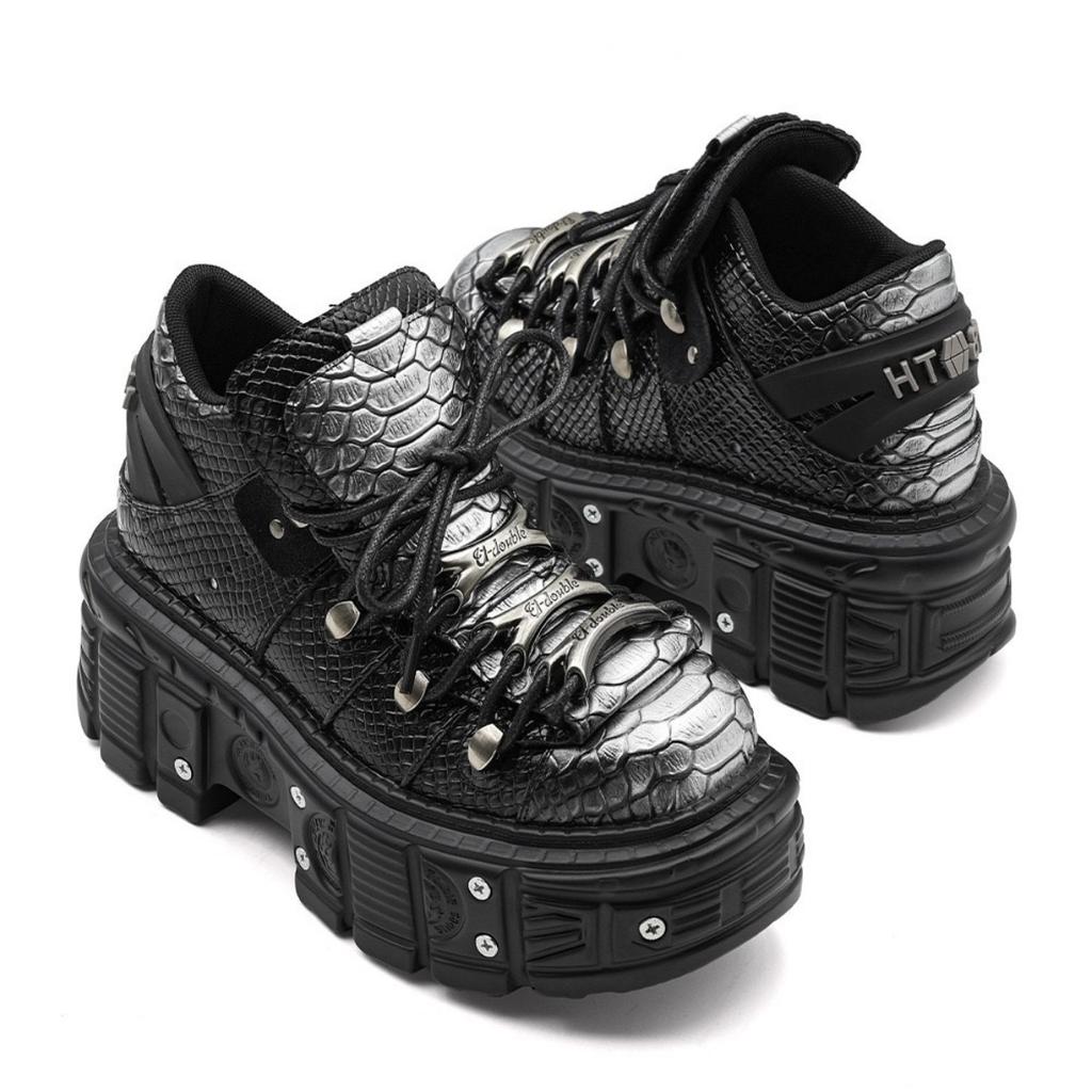 Gothic Ankle Rock Boots New Punk Style Women Shoes Lace-up Heel Height 6CM Platform Shoes Woman Metal Decor Woman Sneakers