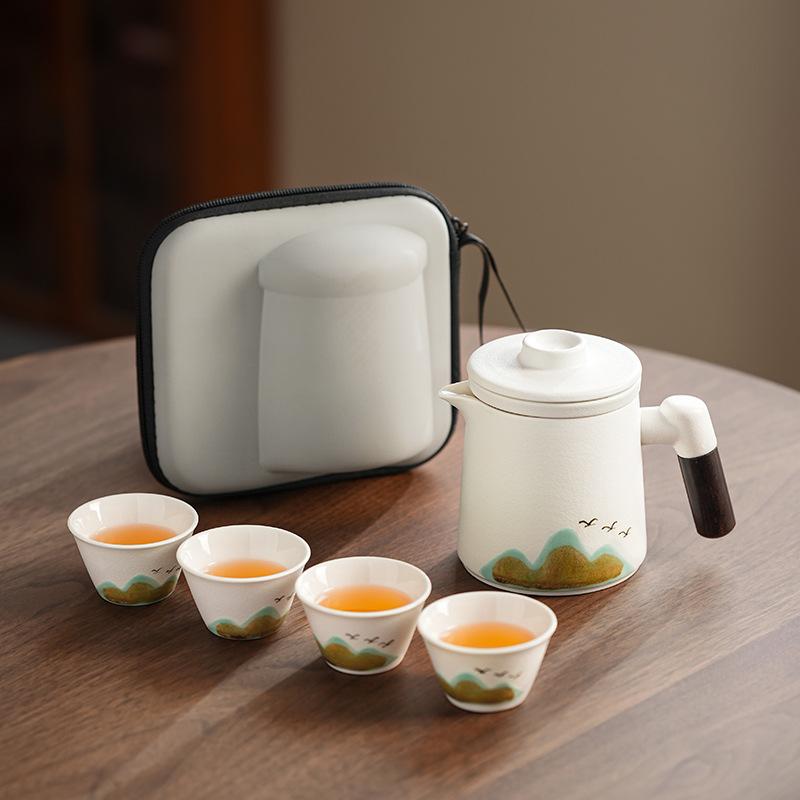 Guochao Accompanying Gift Coarse Pottery Office Cup Holiday Gift Qingshan Flying Bird Portable Car Express Travel Tea Set