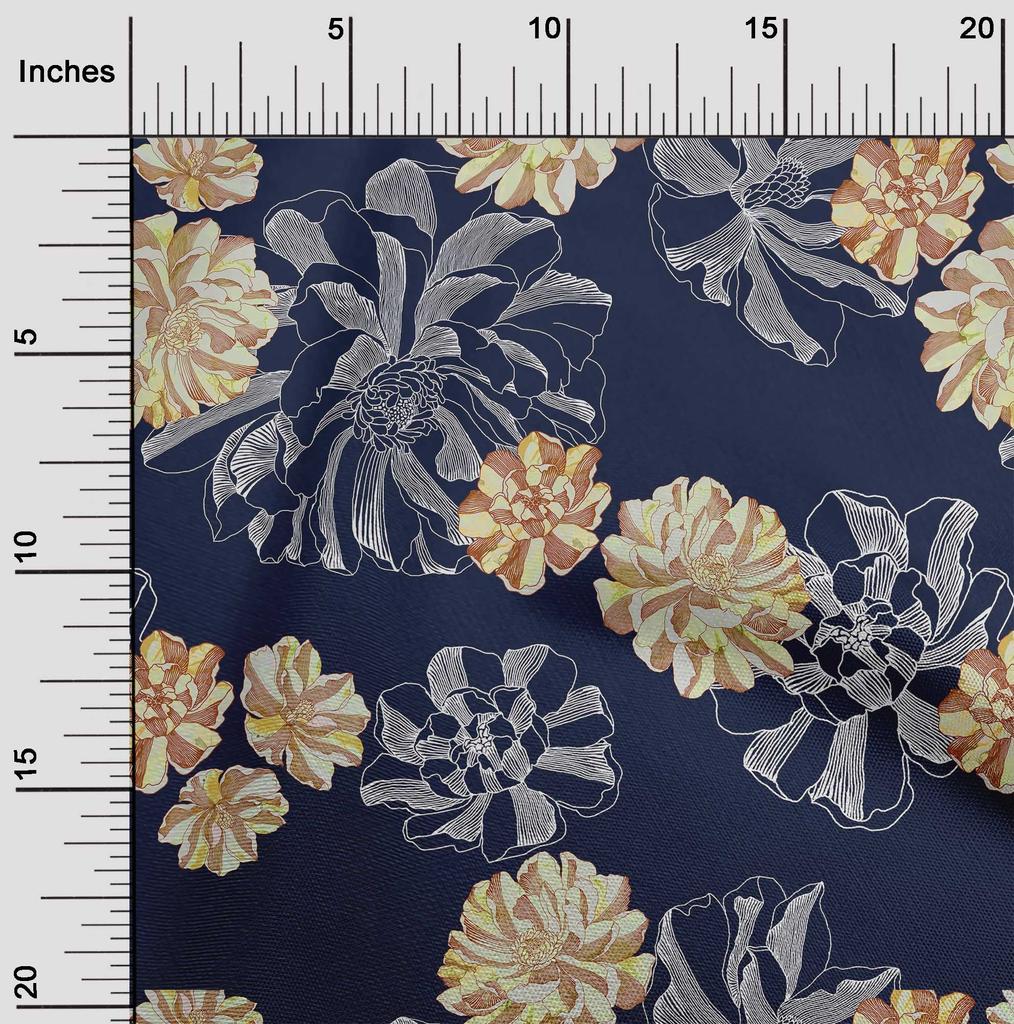 oneOone Cotton Flex Dark Blue Fabric Floral With Lines Diy Clothing Quilting Fabric Print Fabric By Yard 40 Inch