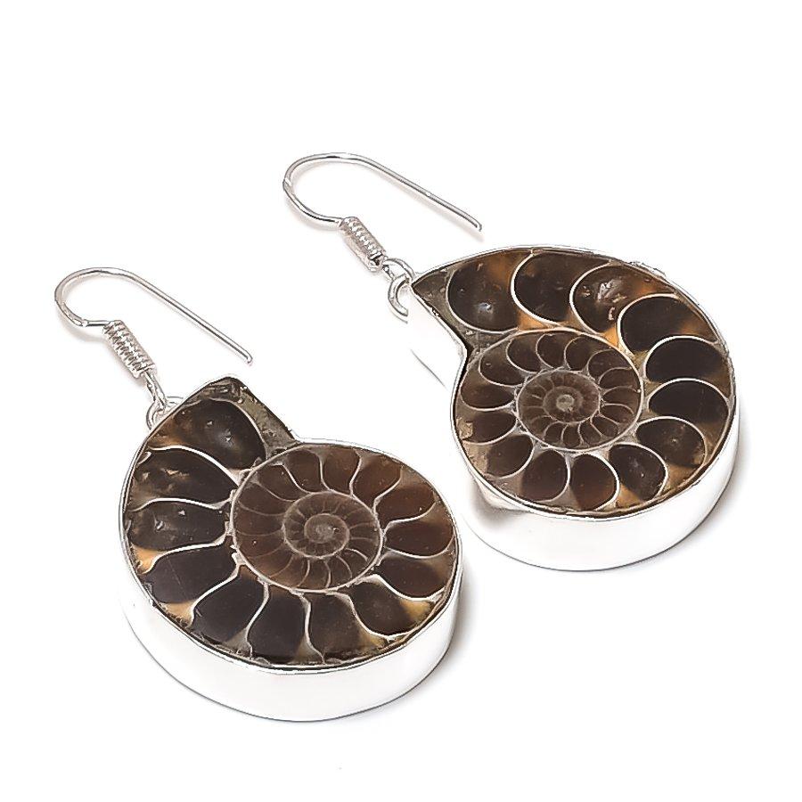 Natural Ammonite Fossil Gemstone 925 Sterling Silver Jewelry Earring 1.97  AE-11948