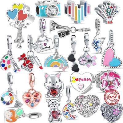 New 925 Silver Bag Bows Lipstick Rainbows Heart Balloon Butterfly Flowers Mom Colorful Beads Fit  Charms Bracelet Jewelry