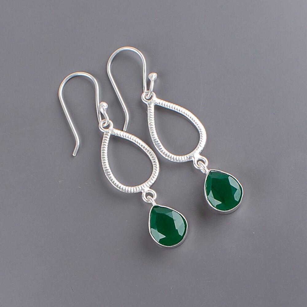 Natural Green Onyx Gemstone 925 Sterling Silver Jewelry Handmade Earrings 1.90" EE-16-18