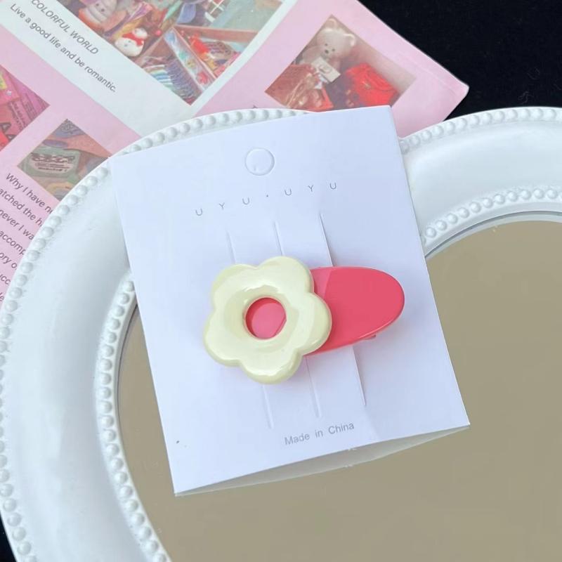 Cartoon Pink Flower Oval Hairpin Cute Sweet Girl Side Clip  Hair Accessories for Women