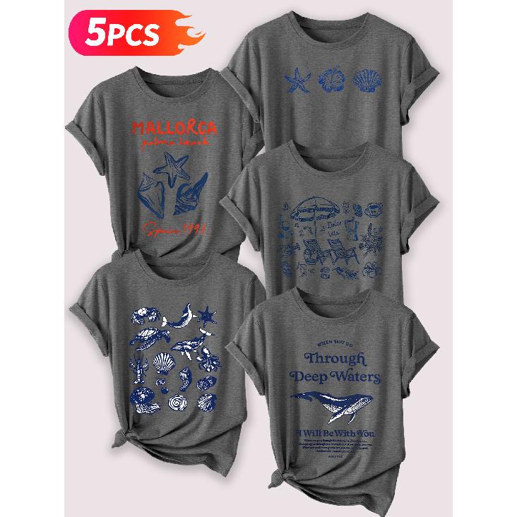 Follow a specific direction Five-piece set for women T Shirt with vintage ocean shell print Elegant Summer Party Outfits Short-sleeved shirt for work