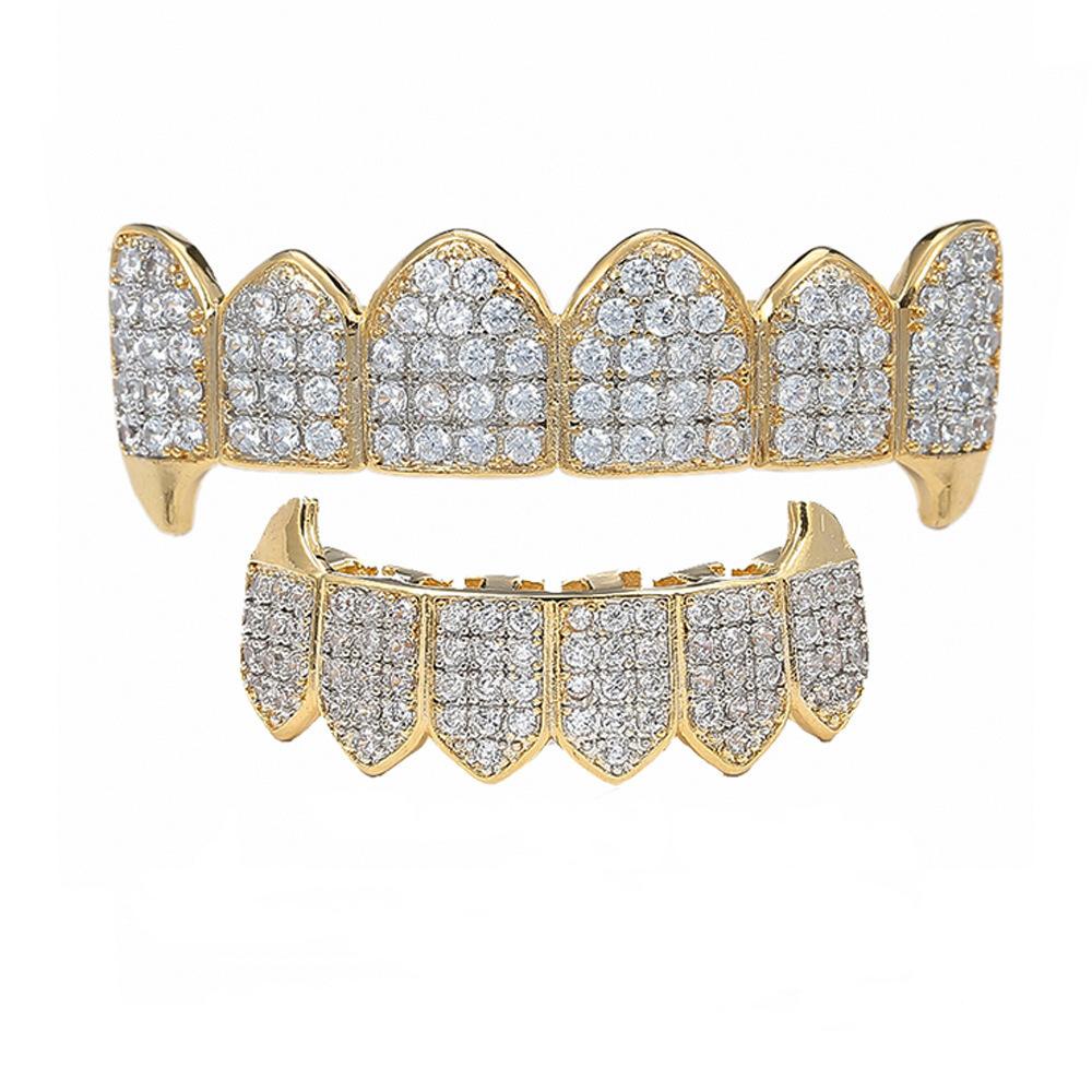 Hip Hop Grillz Gold Grillz Vampire Fangs Micro Inlaid Zircon 18K Gold Teeth Trendy Decorative Grillz